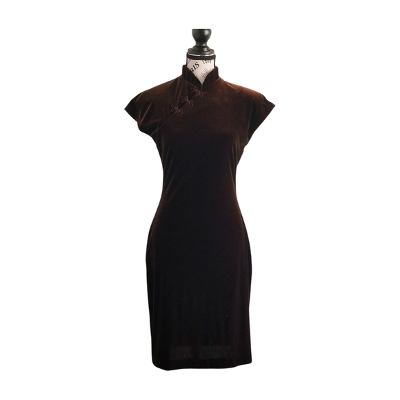 🇨🇦 Joseph Ribkoff Vamp 90s Brown Velvet Dress — Mandarin Collar Cheongsam - Picture 2 of 6